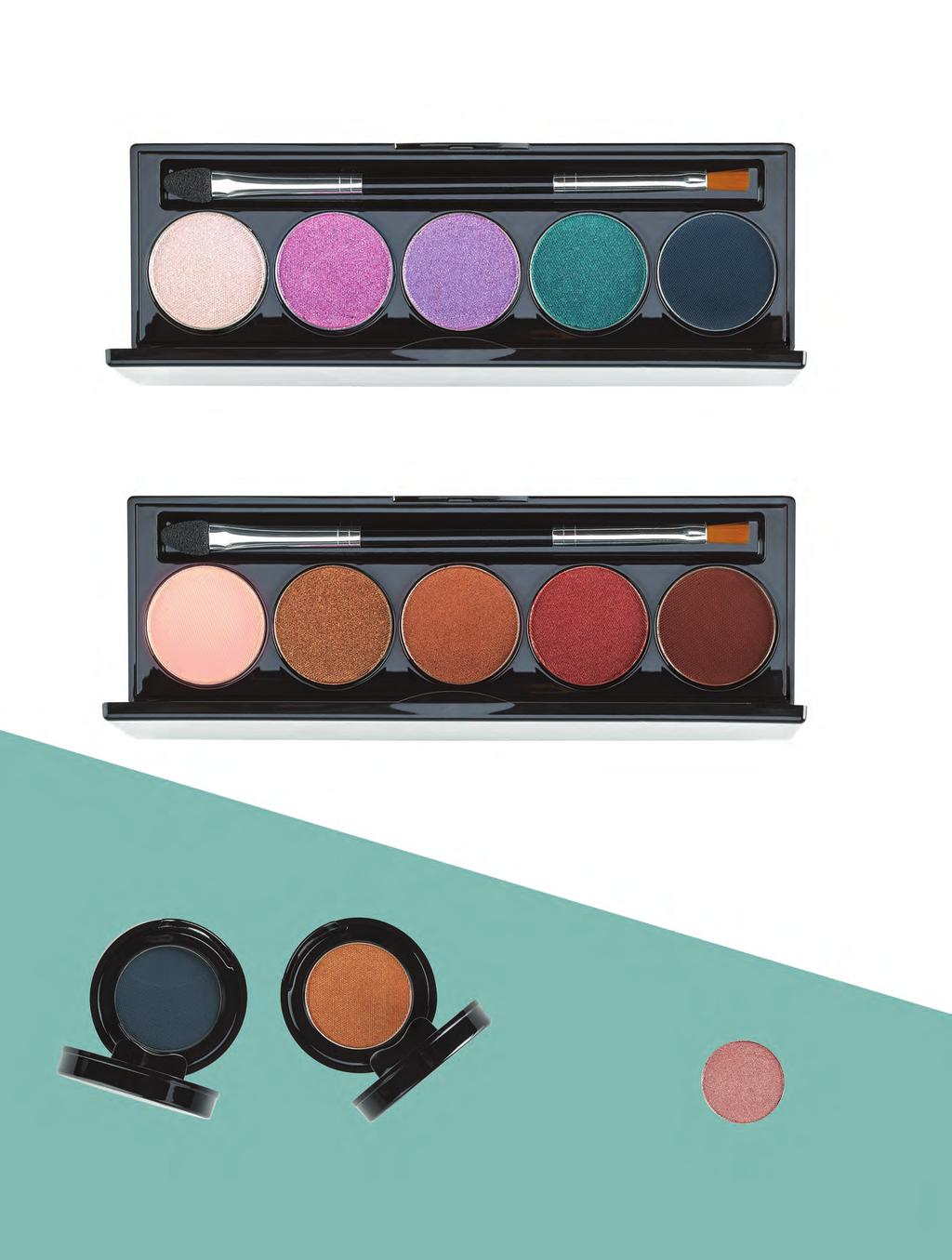 Mid-Size Eye Shadows Shadow Drop Soufflé a frosted mauve champagne Covert a flat deep navy Heat a frosted copper 5-Pan Eye Shadow Palettes Blazing Heat This red hot palette is filled with golden and