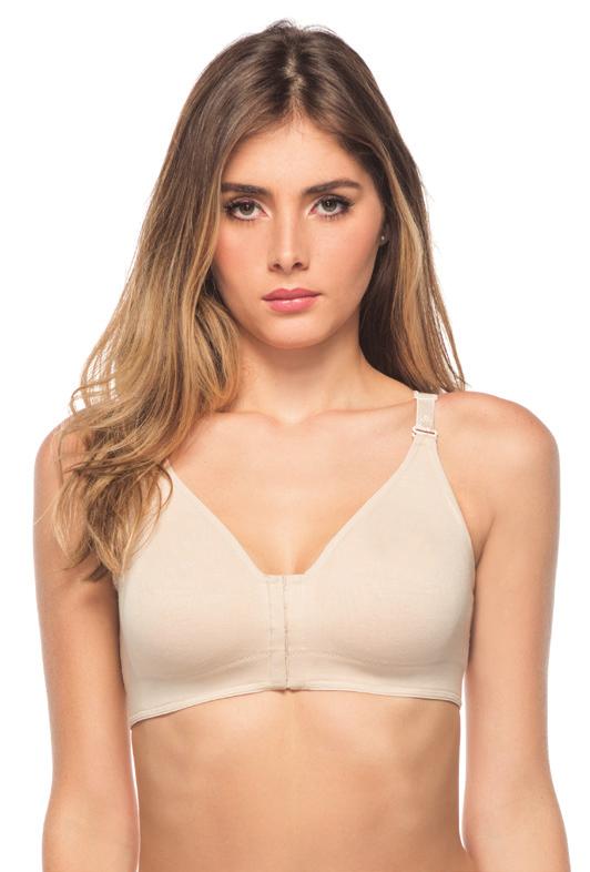 Cotton-backed hook & eye front closure High racer-back provides excellent support and prevents straps from