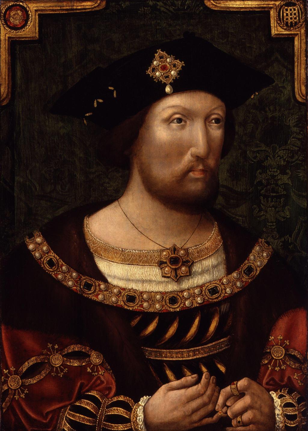 King Henry VIII of England Unknown artist, c. 1520. Here is King Henry VIII of England, which shows similarities in fashion styles to the previous image of King Francois I of France.