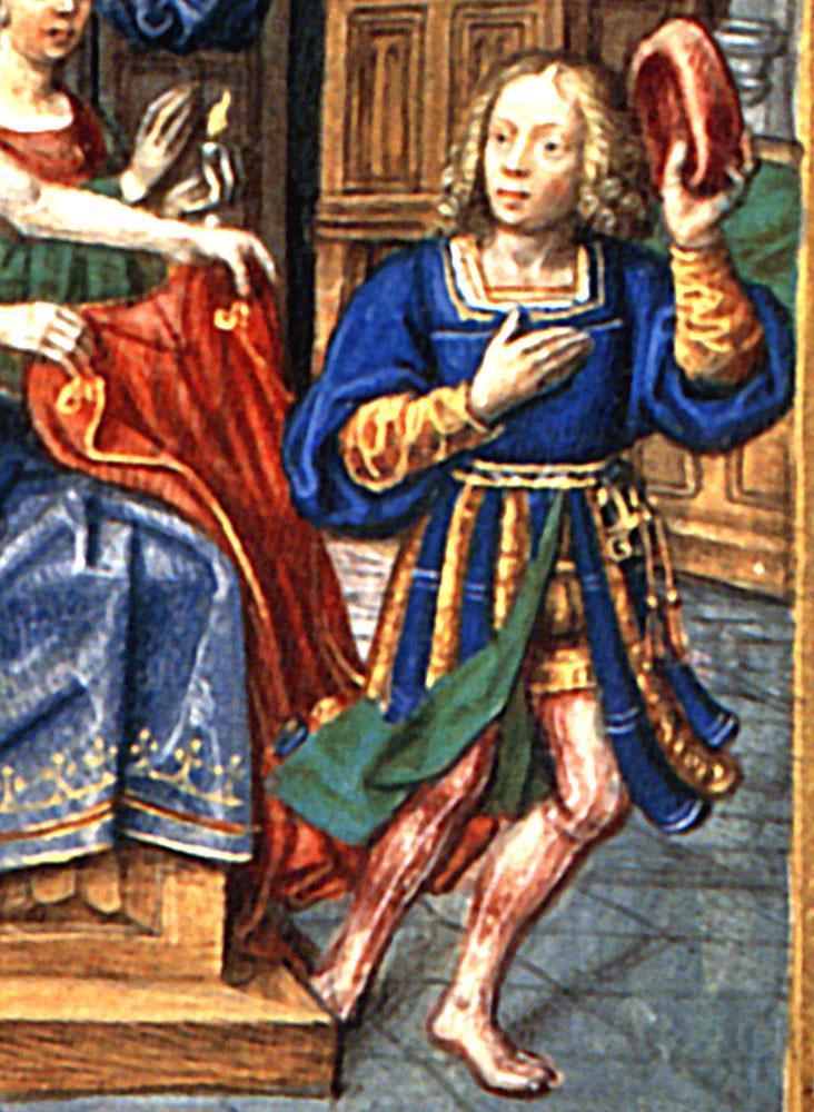 Joseph and Potiphar's Wife Master of the David Scenes in the Grimani Breviary c. 1515-20 The man seen in this image is partly undressed, as the woman is holding out his gown.
