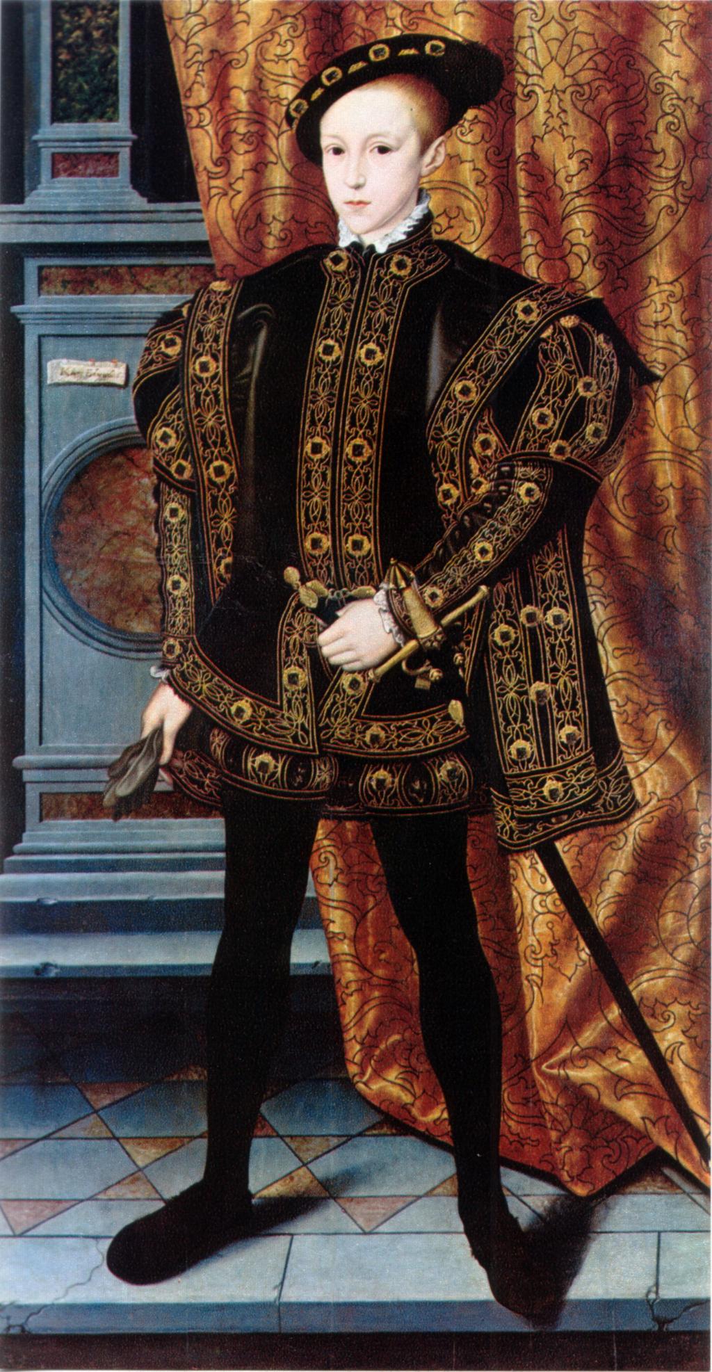 King Edward VI of England, after an original by William Scrots, c.1550. This image shows the style of fashion after the death of Henry and his fashion influence.