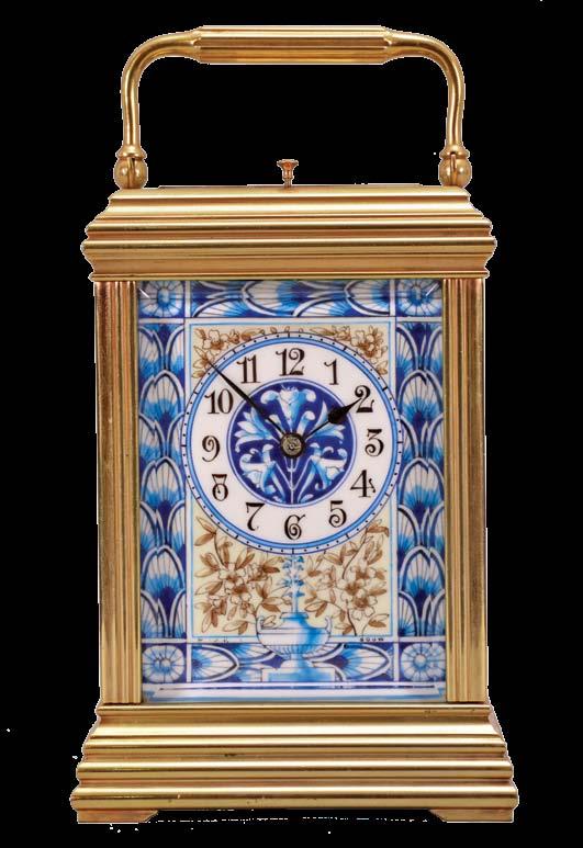 cream ground, also with floral ornament, and with blue, wheatear border, the Arabic numeral dial with ornament matching the side panels, blued steel spade and whip hands, two train, 8 day movement