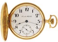 white enamel dial, blued steel spade and poker hands, serial #1383209, 127.6g TW, c1900 $800-$1200 1061 American Waltham Watch Co, Waltham, Mass.