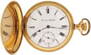 train and whiplash micrometric regulator in a yellow gold filled, engine turned and engraved hunting case, Roman numeral, outer red 5-minute markers, double sunk white enamel dial, plum colored steel