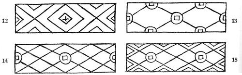 FIG. 5. Designs on the smaller ends of keystone-shaped bricks.