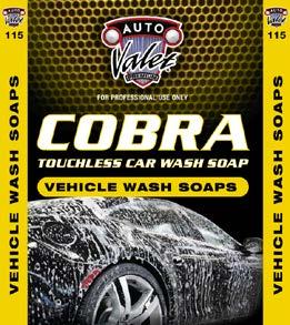 VEHICLE WASH SOAPS COBRA TOUCHLESS CAR WASH SOAP 116 Cobra is formulated to be used in touchless vehicle washing, it penetrates, lifts and allows for resistant road films, oil, grease and