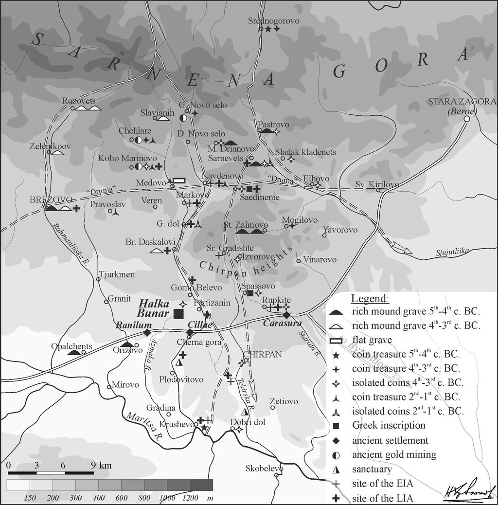 Fig. 3. Map of the settlement system in the region of the Chirpan Heights analysis of the numerous gold artifacts, found in the rich graves of the local Thracian aristocrats.