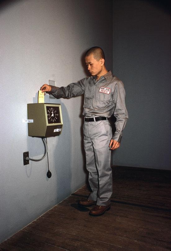 One Year Performance by Tehching Hsieh (1980/81) punched a time clock on the hour, every hour, 24 hours a day, for a whole year 11/04/1980 till 11/04/1981, taking a picture of himself every time he