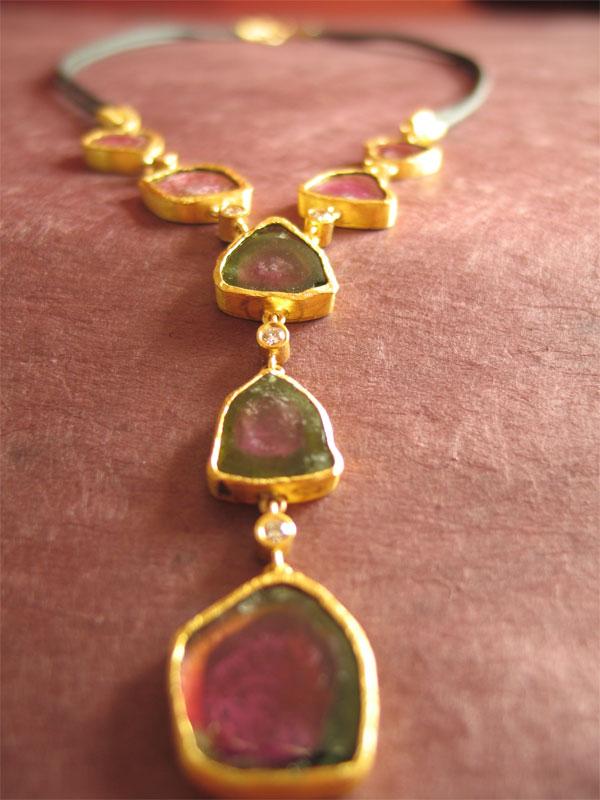 5 inches length (42 cm) A gorgeous handmade necklace in 24k solid gold with seven multicolor tourmaline stones and