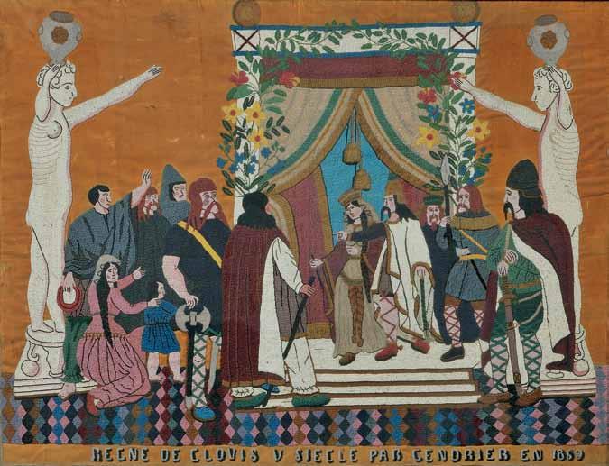 636 636 Framed French Beadwork on Velvet Panel, late 19th century, showing a man and a woman in the center in a doorway framed by flowers surrounded by a crowd of people with two white statues on
