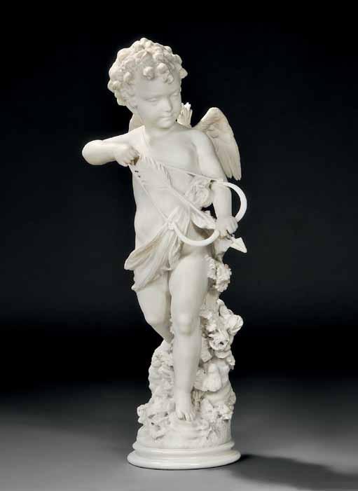 757 757 Attributed to Affortunato Gory (Italian/ French, fl. 1895-1925) Cupid, carved white marble, the nude child preparing to draw his bow, with foliage to base, incised A. DE. G[C]ORI/GALL.