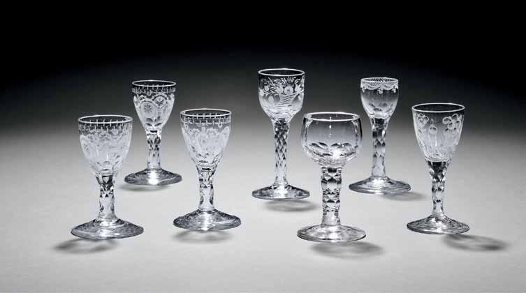 761 762 758 Three Faceted-stem Glasses, England, c. 1785, two wineglasses with round funnel bowls: one bowl with scalloped base on stem with single knop and conical foot, ht.