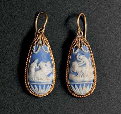 131 Pair of Wedgwood Blue Jasper Earrings, England, late 18th/early 19th century, ormolumounted teardrop shapes with applied white classical figures, lg. 1 1/8 in.