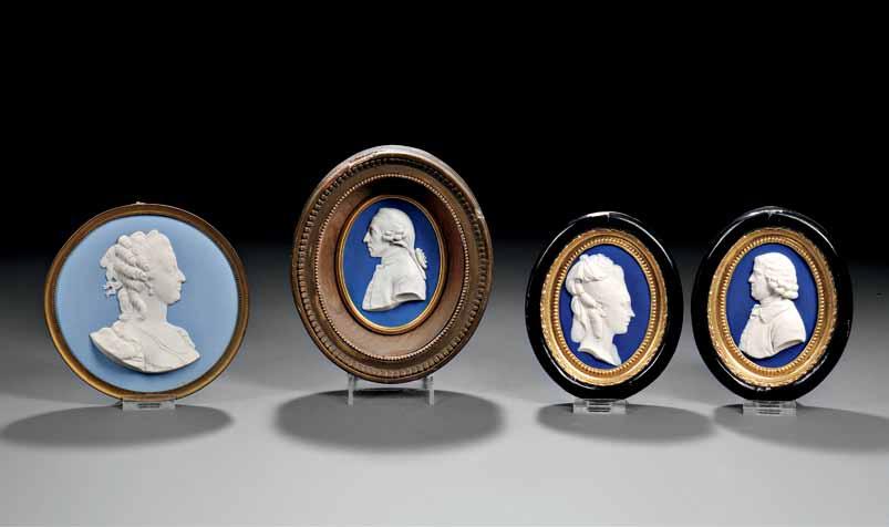 137C 137A 137B 137A Wedgwood Solid Light Blue Jasper Portrait Roundel, England, 19th century, applied white relief depiction of a woman believed to be Marie Antoinette, inscribed A.