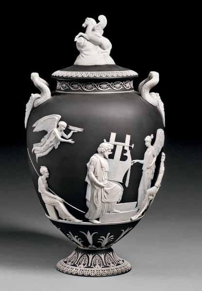 152 153 152 Wedgwood Black Jasper Dip Apotheosis of Homer Vase and Cover, England, 19th century, applied white classical figures