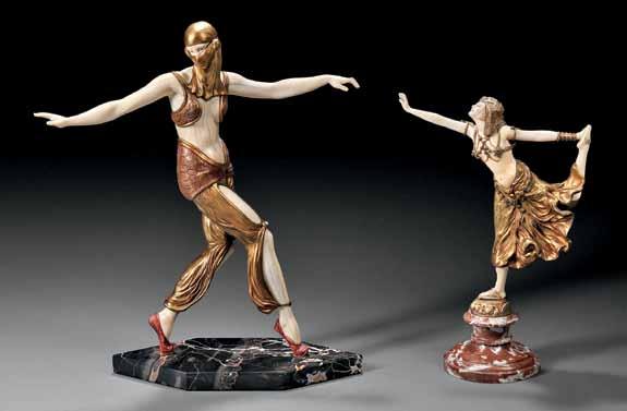 501 Continental School, 20th Century Art Deco Figure of an Exotic Dancer, the ivory and cold-painted, gilded, and paste-set bronze female figure wearing head