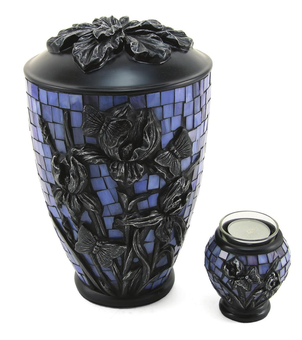 Mosiac 695 Mosiac Iris 696 Mosiac Hibiscus The Mosaic urns are both beautiful and distinctive. The urn is made of resin with raised flower detailing and features shades of either blue or red glass.