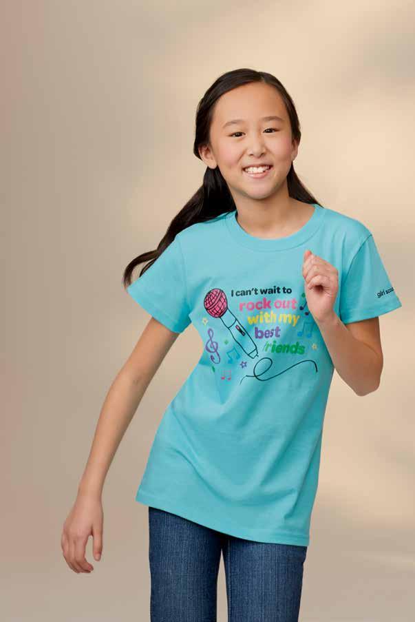 Rock into Girl Scouts I can t wait to T-Shirt. Light blue shaped tee with musical theme.