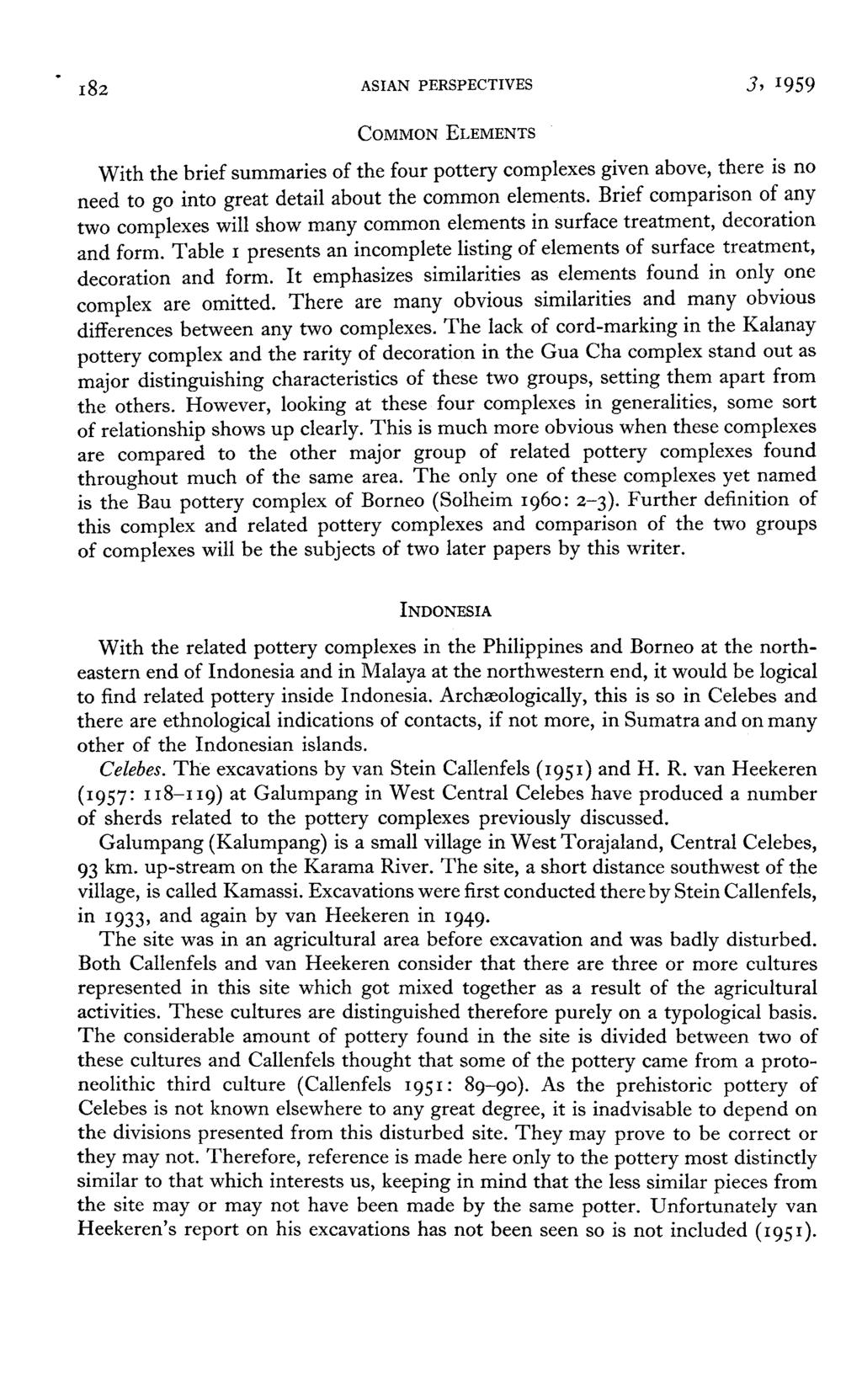 182 ASIAN PERSPECTIVES ], 1959 COMMON ELEMENTS With the brief summaries of the four pottery complexes given above, there is no need to go into great detail about the common elements.