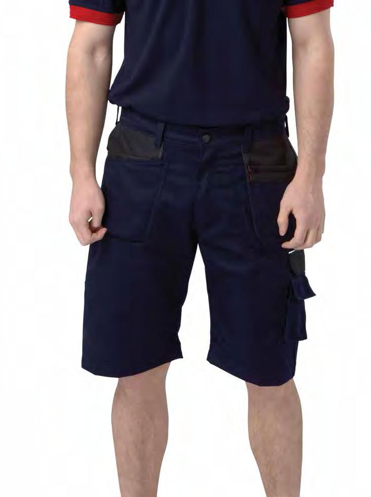 RK124 Deluxe Multipurpose Shorts Weight 240/260gsm 65% Polyester / 35% Cotton Concealed YKK zip fly with stud button front fastening Bar tack and triple stitch on main seams and giving
