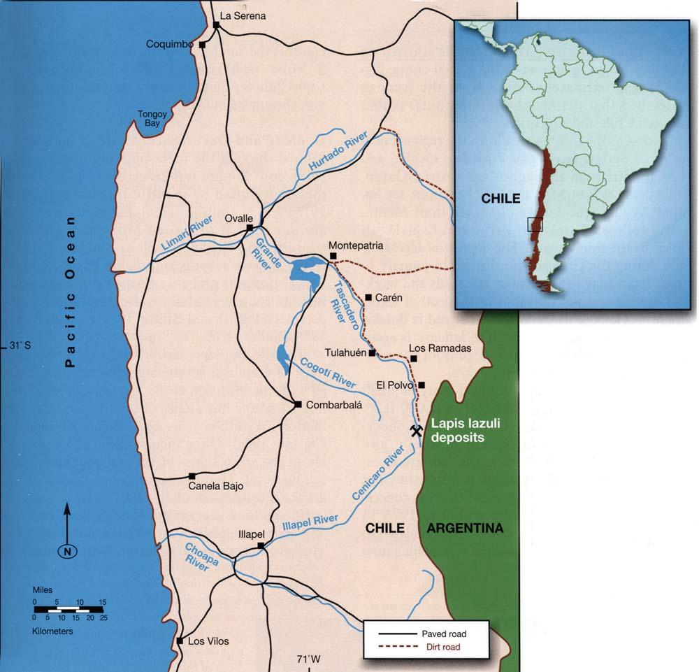 Figure 4. The lapis lazuli mining area is located at the headwaters of the Tascadero River, near the border between Chile and Argentina, in the Coquimbo Region of Chile. Modified after Cuitiño (1986).