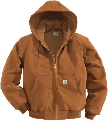 25 inches J001-BRN/Carhartt Brown J001-BLK/Black REGULAR TALL BRN BLK THERMAL-LINED DUCK ACTIVE JAC J131 Polyester thermal lining Attached thermal-lined hood with drawcord closure Two inside pockets