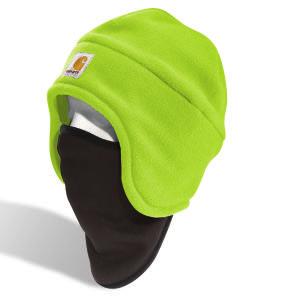 COLOR-ENHANCED FLEECE 2-IN-1 HAT 100795 100% polyester Fleece hat with pull-down face mask for warmth Carhartt logo sewn on front 100795-323/Brite Lime 100795-824/Brite Orange 323 824 FACE MASK A161
