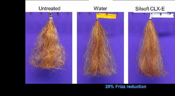 Figure 8: Pictures of Tresses Post High Humidity Chamber Storage Ironing 1 cycle 234 C (plate) Untreated Water Silsoft CLX-E Chamber 90% RH 1 h 52% Curl Reduction 29% Frizz Reduction 3.