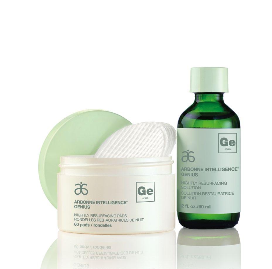 EVENING  Arbonne Intelligence Genius Nightly Resurfacing Pads & Solution: Gently exfoliates to promote cellular turnover at the skin s surface and brightens to help significantly reduce the