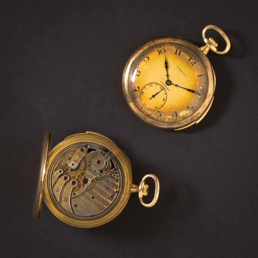 54 An 18 Karat Yellow Gold Open Face Five Minute Repeating Pocket Watch, Patek Philippe, Circa 1917 46.00 mm case diameter, matted gold dial signed TIFFANY & Co.