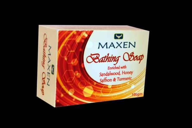 MAXEN BATHING SOAP Sandalwood helps in providing natural cooling to the body Saffron (kesar) helps in brightening the complexion of the skin Turmeric works as an anti-septic for the skin and protects