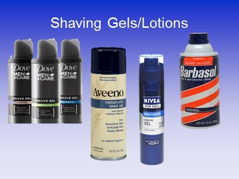 Pass around boxes with different shaving creams and gels in it for students to see or have students come down in front where containers of different types of shaving cream/gels are available.