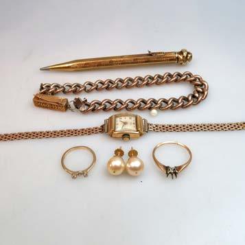 9 grams $600 800 63 SMALL QUANTITY OF GOLD JEWELLERY, ETC including an 8k rose gold bracelet; a 14k