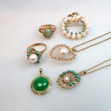 73 SMALL QUANTITY OF GOLD JEWELLERY set with jade, turquoise, and cultured pearls, 29.