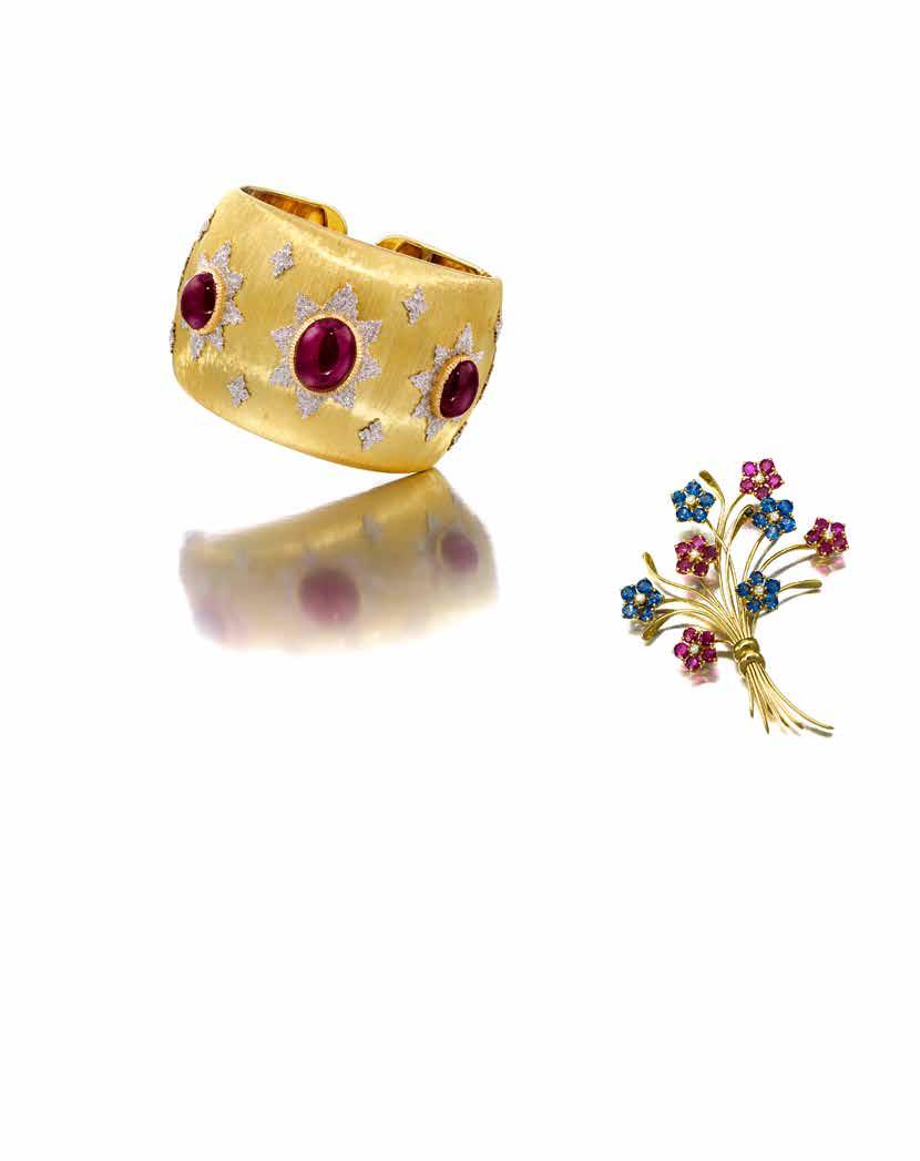 12 13 12 A RUBY AND BI-COLORED 18K GOLD CUFF-BRACELET, BUCCELLATI the brushed gold bombé hinged band, set with three oval-shaped cabochon rubies, weighing a total of approximately 29.