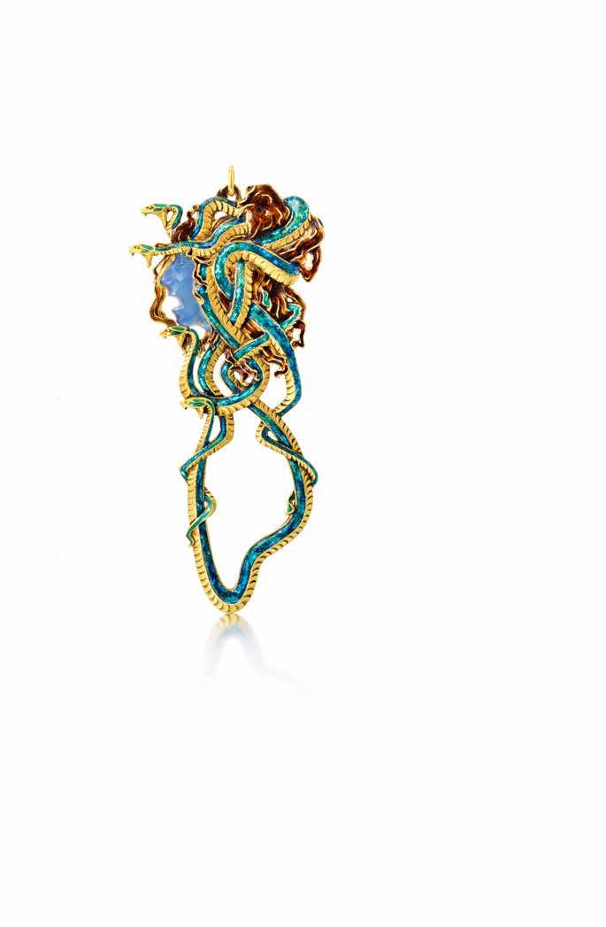 (reverse) 14 AN ENAMEL AND GLASS MEDUSA PENDANT, RENÉ LALIQUE, CIRCA 1905 decorated with plique-à-jour enameling, and a carved glass face; signed Lalique, with maker s mark; gross weight