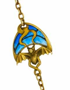(detail) PROPERTY FROM A VIRGINIA LADY 15 AN ART NOUVEAU 18K GOLD AND PLIQUE-À-JOUR ENAMEL PENDANT NECKLACE, CIRCA 1900 designed as the goddess Persephone, with blue enamel wings, accented by an old