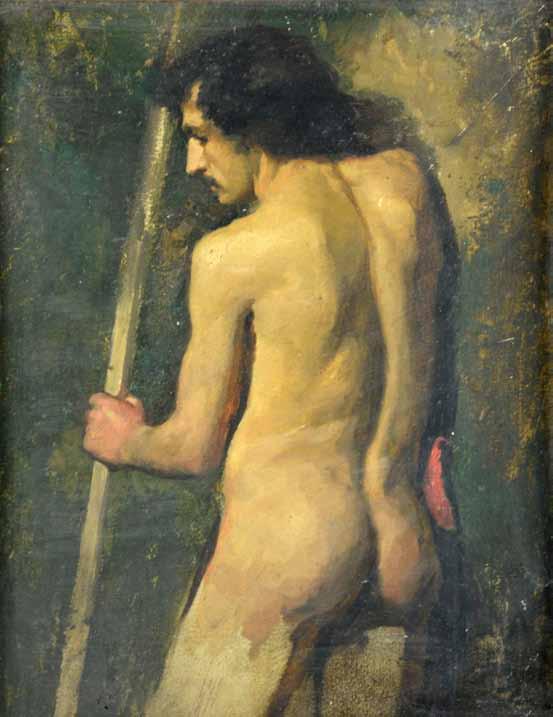544 Charles Gogin (British 1844-1931) study of a naked man holding a staff, the reverse with a study of naked women oil on board, inscribed to Gladys signed on the frame 37cm x 29cm 600-1000 545