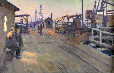 x 60cm 100-200 629 M Kazansky (Russian b1931) Evening at the oil Refinery oil on canvas, signed dated verso 1958.