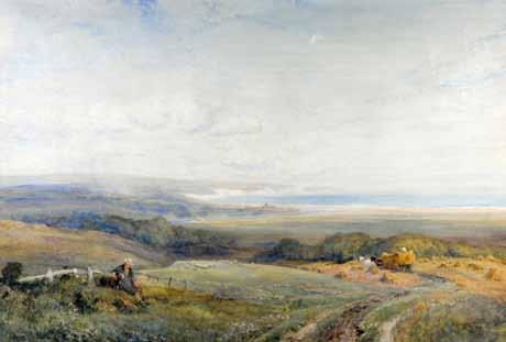 709 Robert Thorne Waite (British, 1842-1935) On the downs near Lancing, Brighton in the distance watercolour, 55cm x 80cm 1000-1500 710 Edward Duncan river landscape with