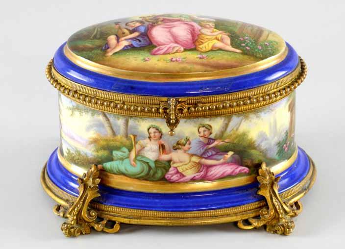 with gilt metal mounts as lamps, 43cm high and a continental jardiniere decorated with figures on one side and a landscape on the other, 22cm diameter.