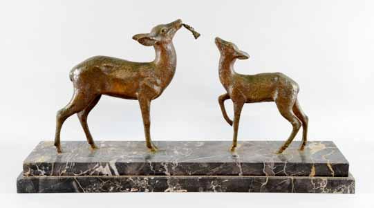5cm, overall 28cm high, 200-300 951 Bronze figure group of two young deer, cold painted finish, on black variegated marble stepped plinth, 1930s, 28 x 56cm