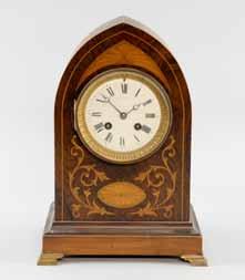 1104 Early 20th century rosewood and marquetry inlaid mantel clock, the white enamelled dial with