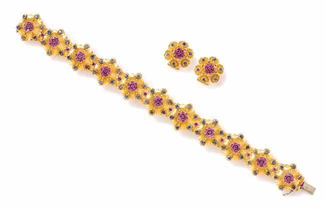 253 251 252 251* a collection of 18 Karat Bicolor Gold, Ruby and Sapphire jewelry, Italian, consisting of a bracelet containing 88 round mixed cut rubies measuring approximately 1.63-2.