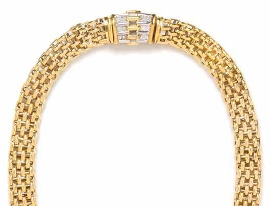 305 303 304 306 303 an 18 Karat Yellow Gold and diamond convertible necklace, fope, consisting of a woven link necklace that is convertible and can be worn with or without the bicolor gold clasp