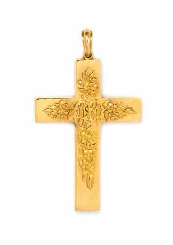 11 10 12 10 a Victorian Yellow Gold mourning cross Pendant, circa 1870, consisting of a polished cross pendant, the front surmounted with a textured floral design and a central entwined monogram, the