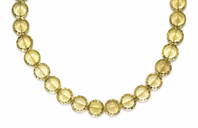 348 350 349 348 a lemon Quartz Bead necklace, containing 37 coin shape faceted lemon quartz measuring approximately 20.00 mm in diameter, strung in an endless style. 112.00 dwts.