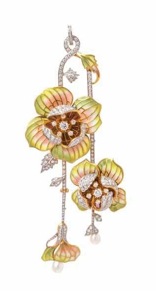 50 50 an 18 Karat Bicolor Gold, diamond, cultured Pearl and Plique-a-jour convertible Pendant/Brooch, masriera, in an Art Nouveau style, depicting a flowering hinged vine, the blossoms and leaves