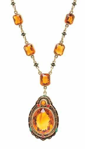 63 61 62 61 an art deco 14 Karat Yellow Gold, citrine and Polychrome Enamel lavalier necklace, consisting of a fancy link chain with black and green enamel accents containing seven octagonal mixed
