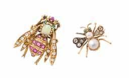 126 124 125 124* a collection of 14 Karat Yellow Gold and multigem Bug Brooches, consisting of a bug brooch containing one oval cabochon cut opal measuring approximately 7.07 x 6.